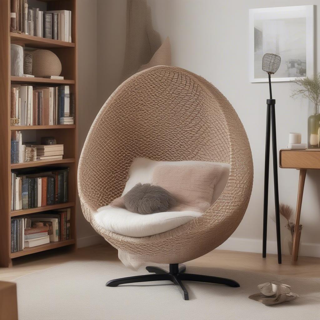 Diamond weave egg chair in a cozy indoor setting, demonstrating its versatility and style.