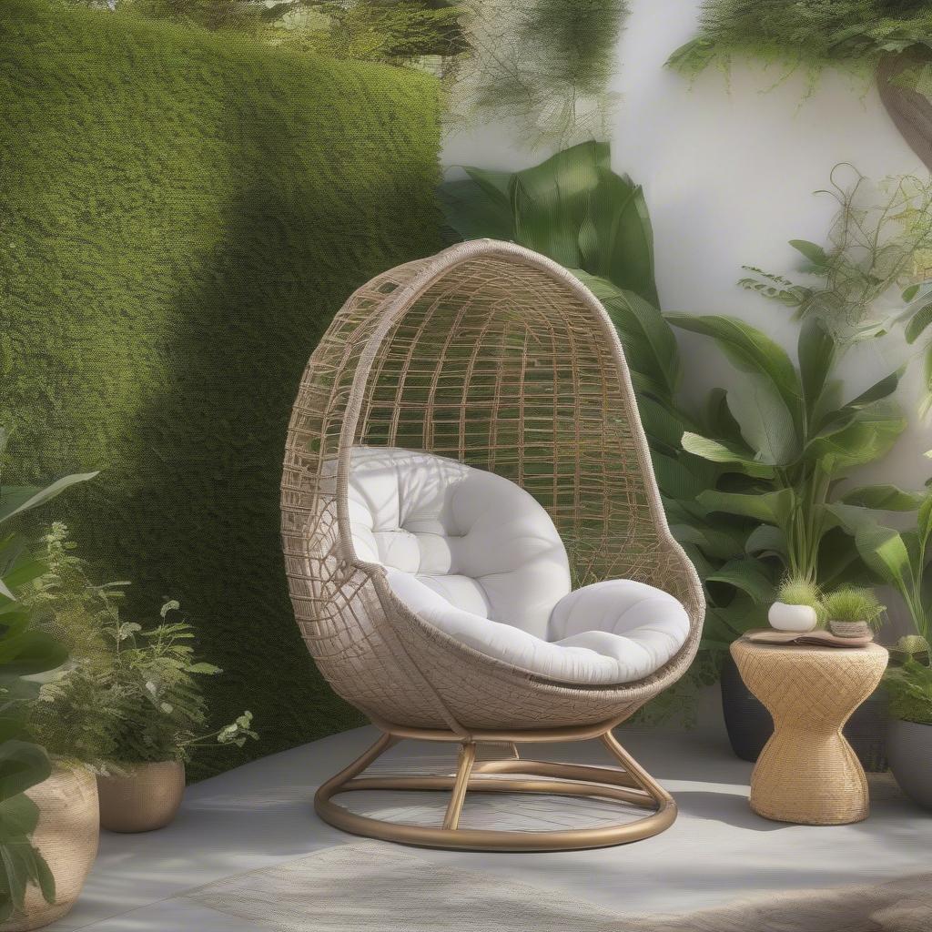 Diamond weave egg chair in a stylish outdoor patio setting, showcasing its comfort and elegance.