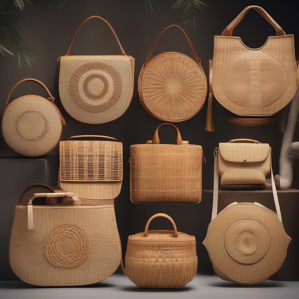 Variety of on the border bamboo woven crossbody bags showcasing different shapes, sizes, and weaving patterns.