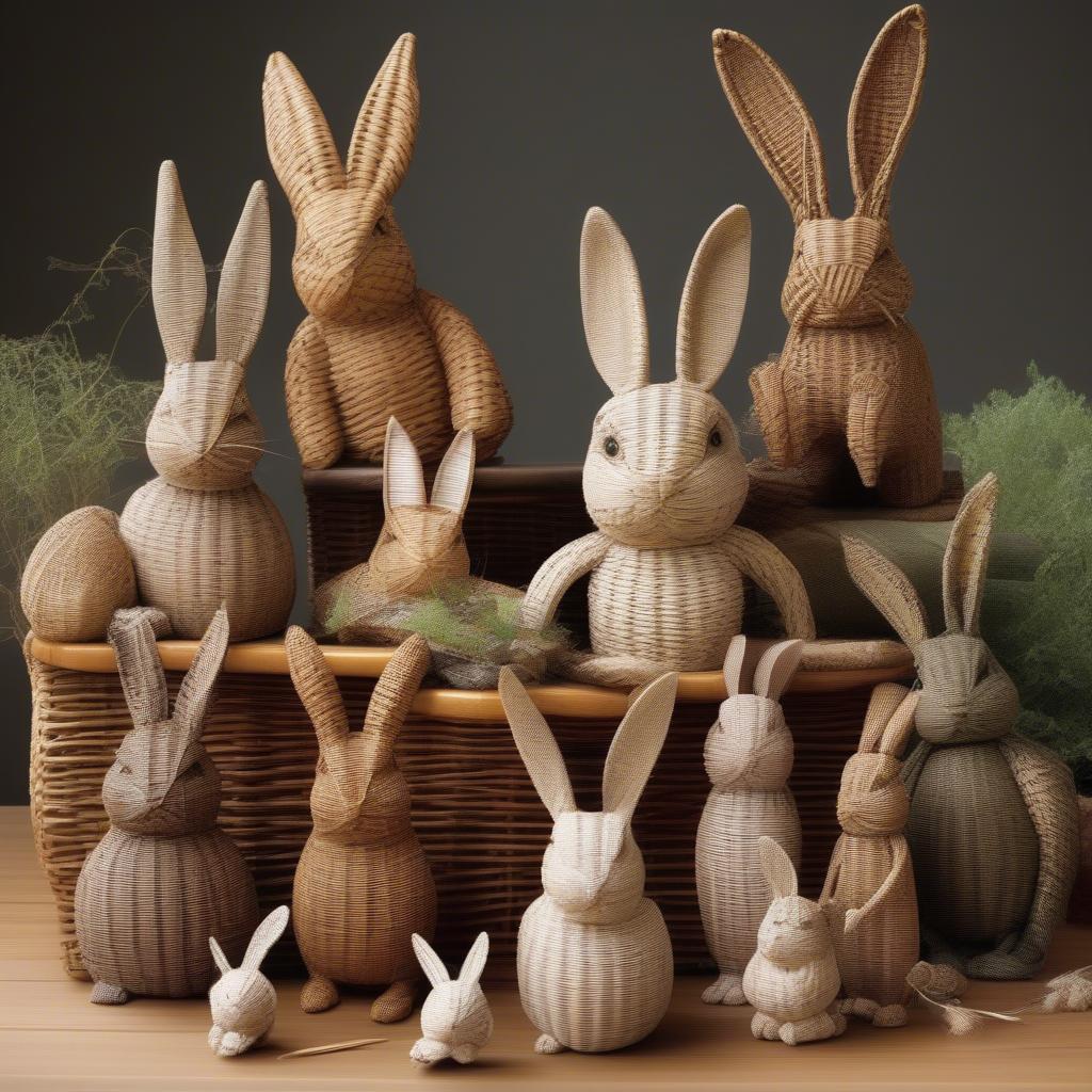 Variety of basket weave bunnies showcasing different sizes, shapes, weaving patterns, and materials like wicker, rattan, and seagrass.