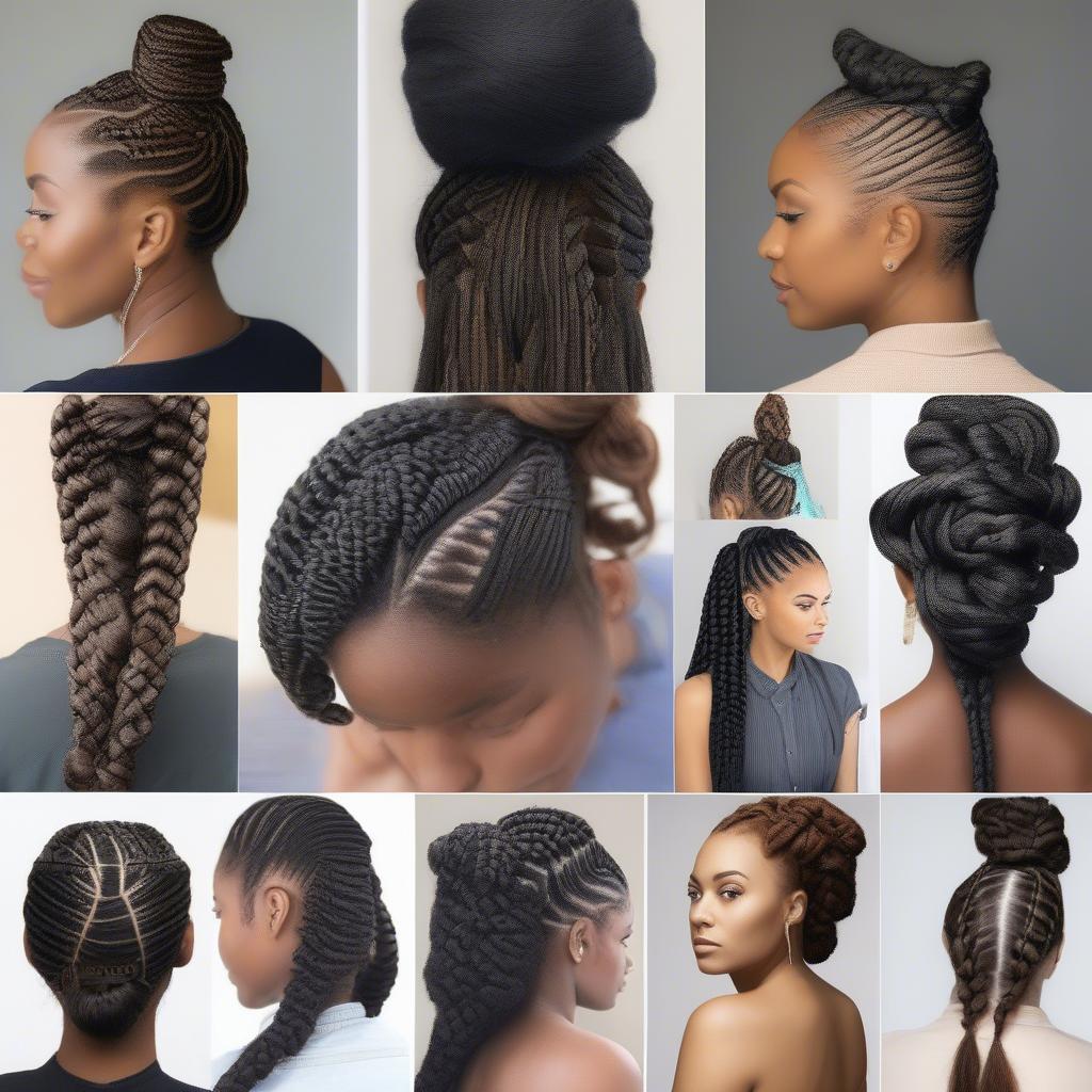 A collage showing various basket weave hairstyles, including cornrows, updos, and combination styles