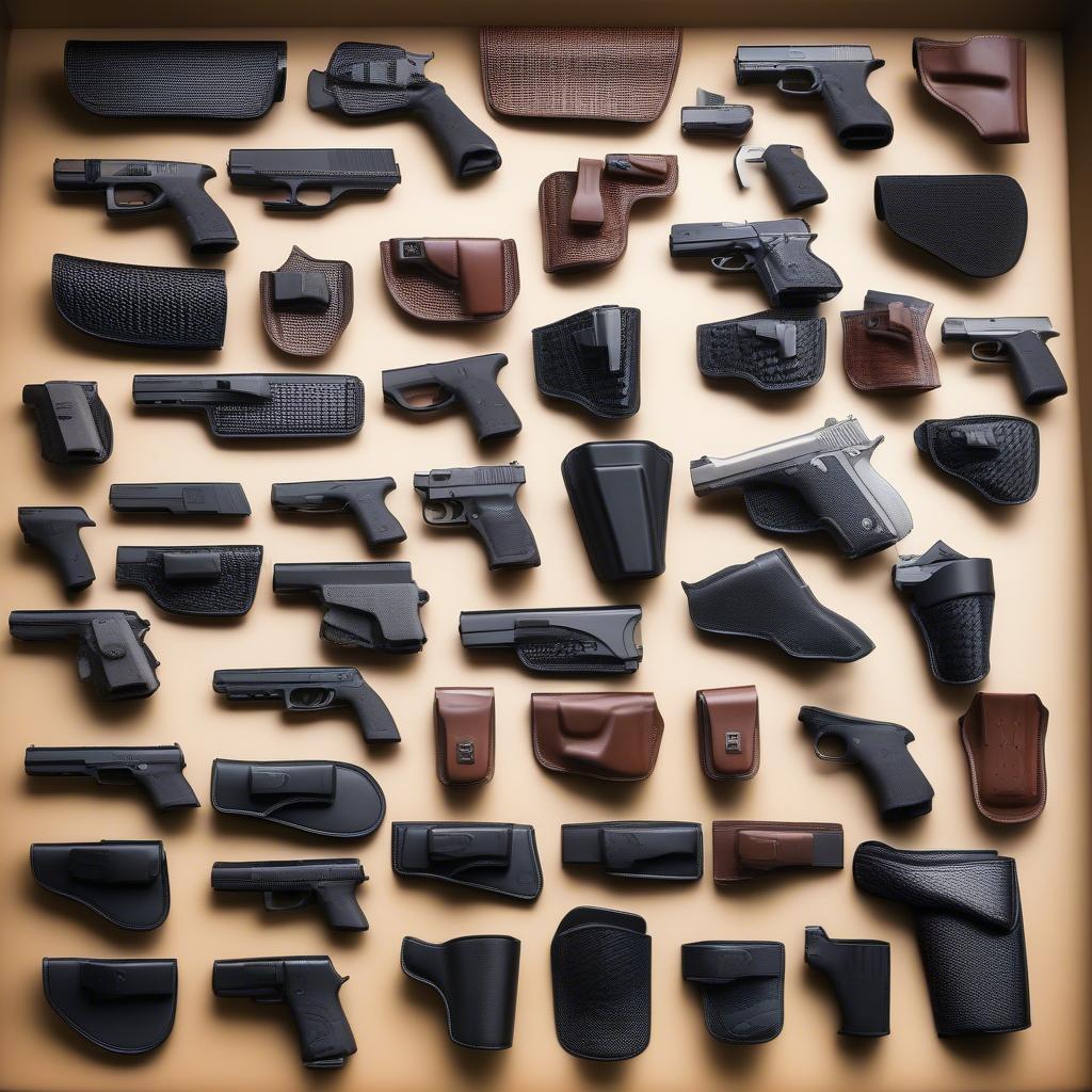 Different black basket weave holsters designed for various firearms, showcasing variations in size and style.