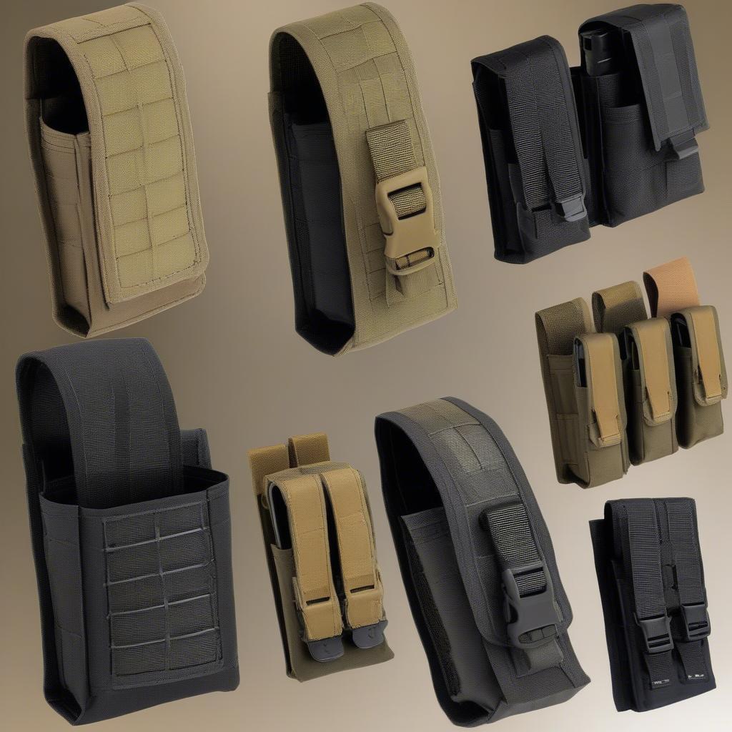 Various styles of basket weave magazine pouches, including open-top, flap-covered, and different attachment methods