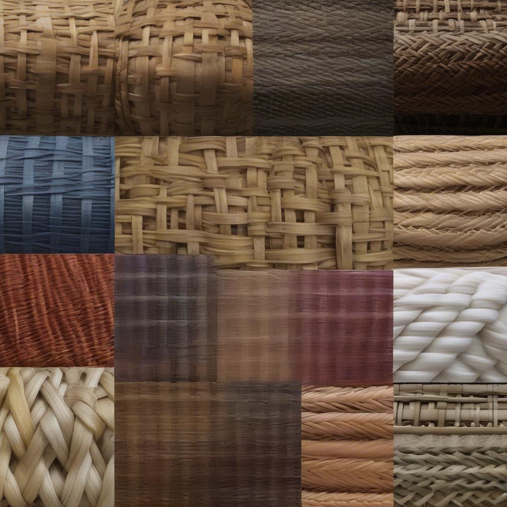 Variety of materials used in basket weave including wicker, rattan, cotton, and synthetic fibers