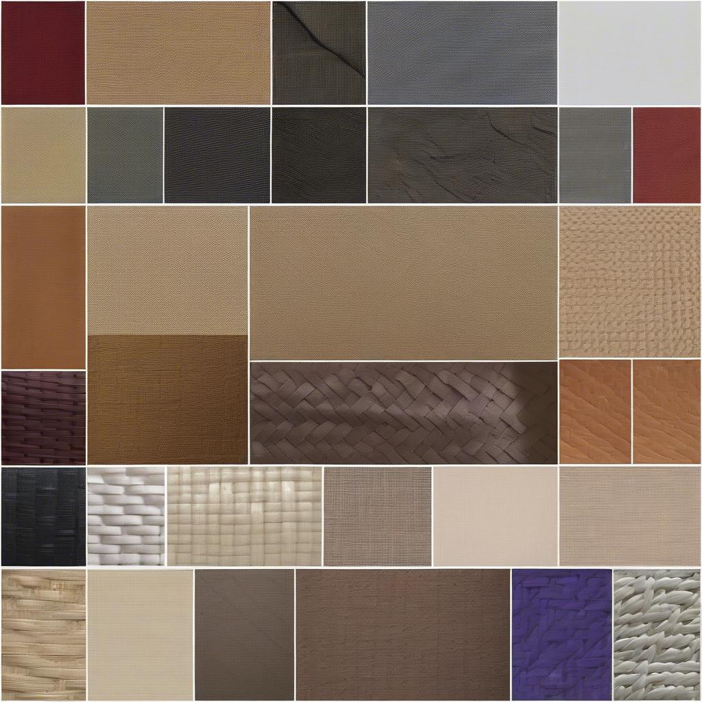 Samples of various basket weave upholstery materials including cotton, linen, polyester, and leather