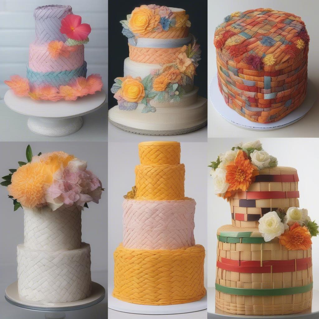 Various cake decorating techniques featuring basket weave patterns