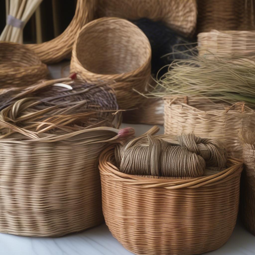 Variety of materials used in basket weaving, including reed, willow, and seagrass.