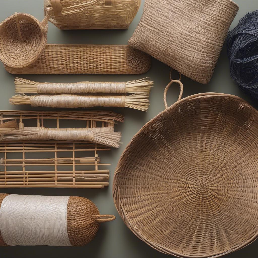 Various materials used in basket weaving like wicker, rattan, bamboo and recycled plastic.