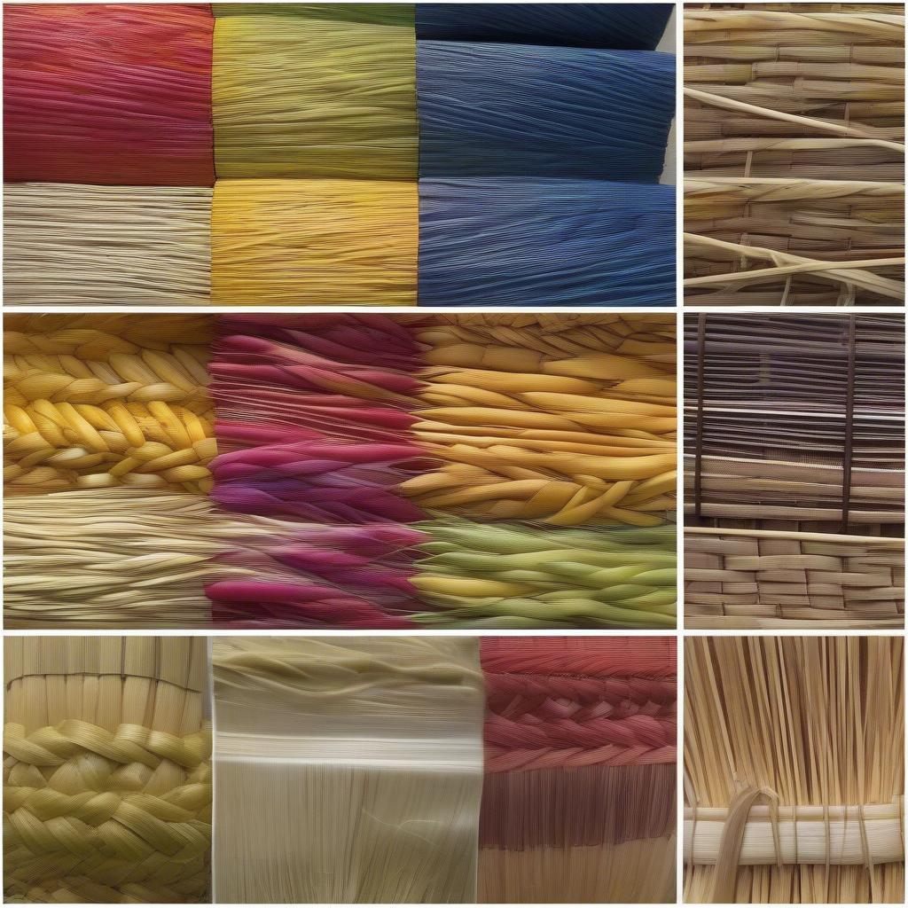 Close-up of various basket weaving materials, showcasing their textures and colors.