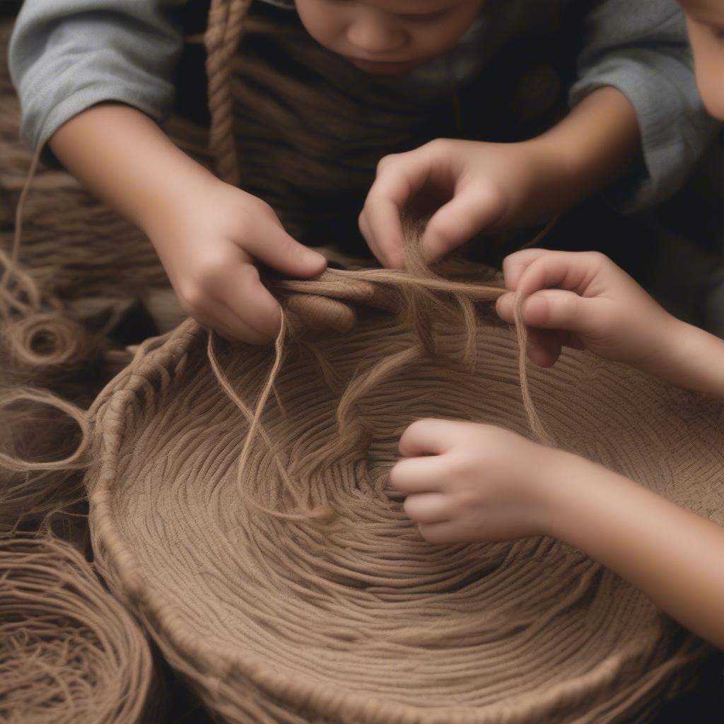 Children Learning Coiling, Twining and Plaiting Basket Weaving Techniques