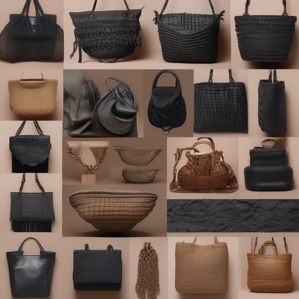 Various styles of biker woven chain shoulder bags in black, showcasing different sizes, materials, and weave patterns.