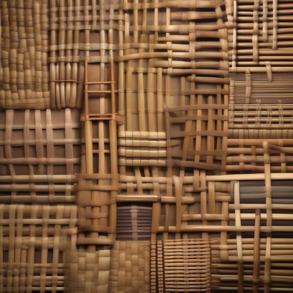 Variety of cane weaving patterns, ranging from simple basket weave to complex geometric designs, displayed on different chair bottoms.