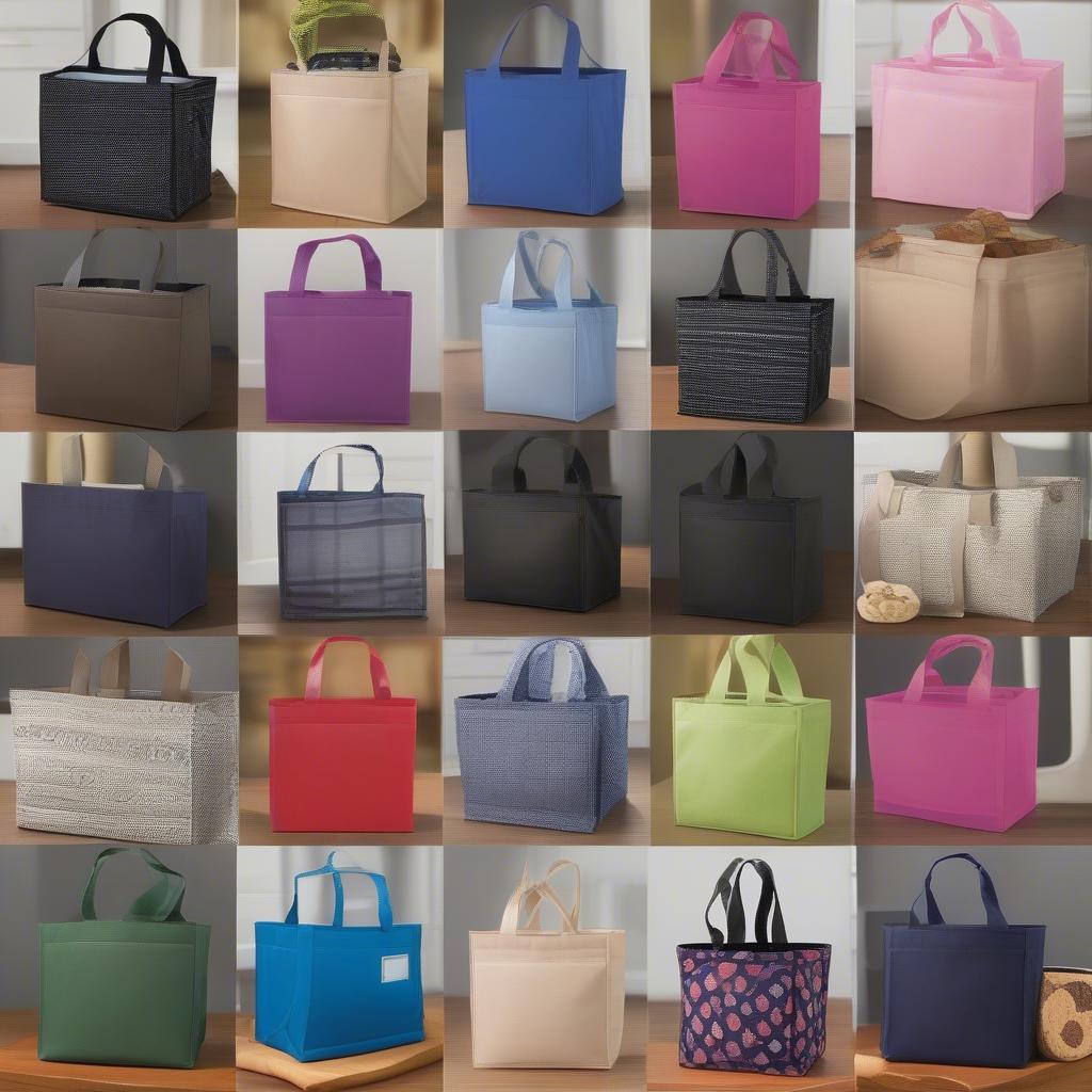 Various non-woven insulated tote bags in different colors and styles