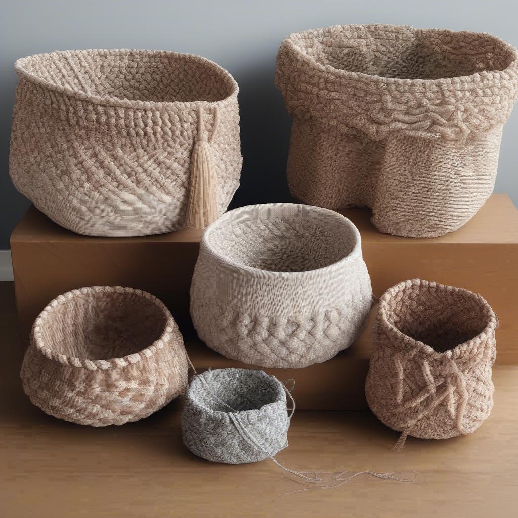 Different Cord Basket Weaving Patterns: Displaying a variety of weaving techniques, such as coiling, twining, and macrame, applied to cord baskets.