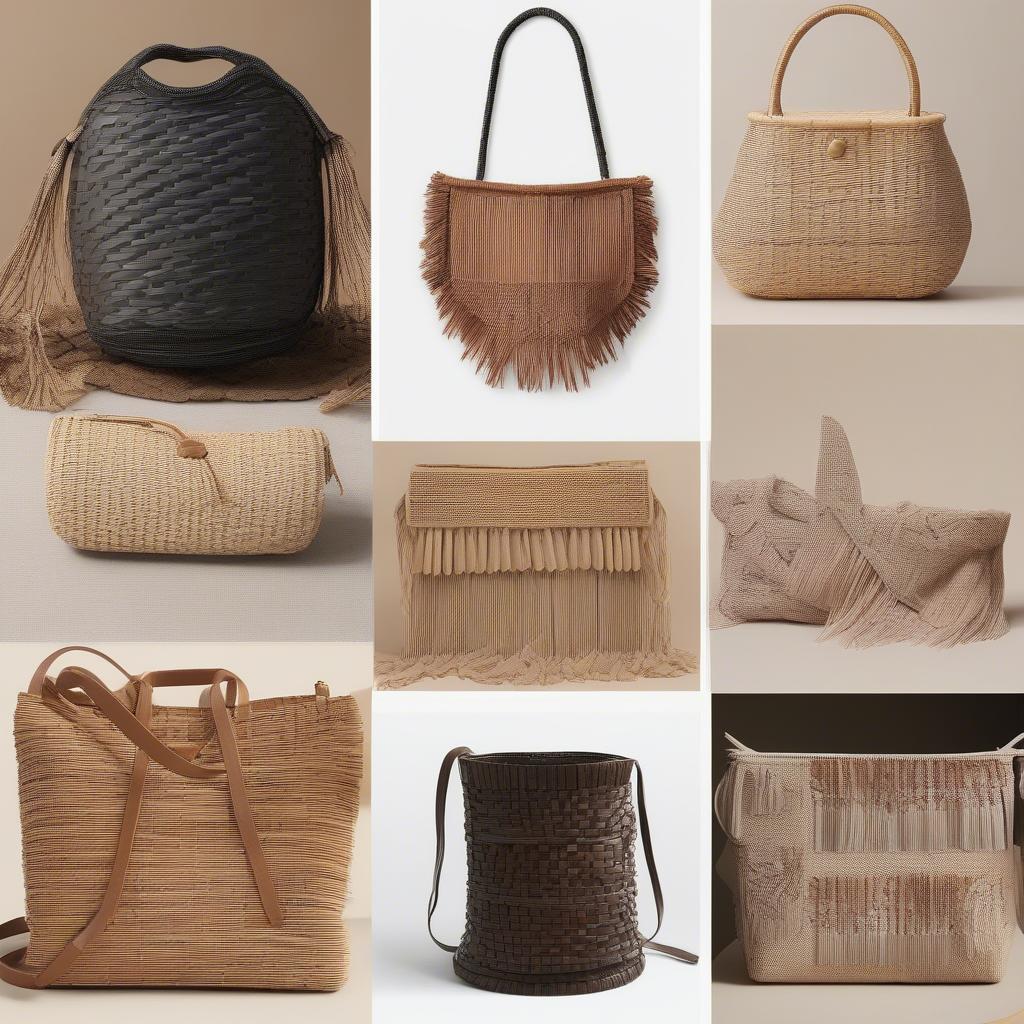 Various styles of fringe woven bags, showcasing different sizes, shapes, and fringe lengths.