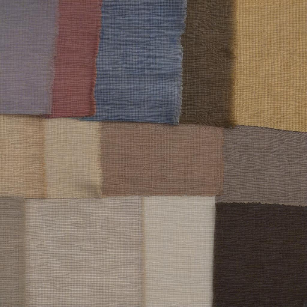 Samples of basket weave fabric made from different materials like cotton, linen, silk, and wool.