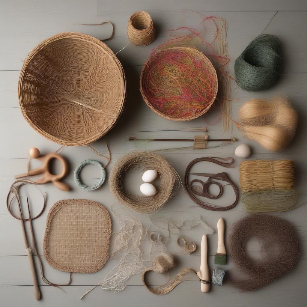 Various materials used in egg basket weaving including wicker, rattan, and seagrass.