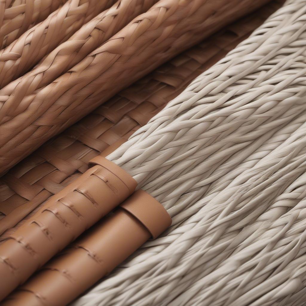 Close-up of wicker, rattan, and leather intrecciato woven patterns, showcasing the different textures.