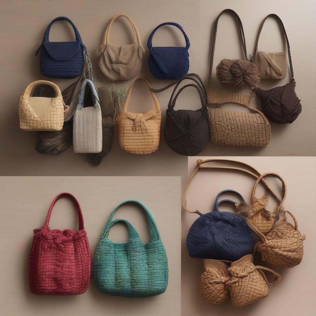 A variety of mini woven knot bags in different styles, colors, and materials.