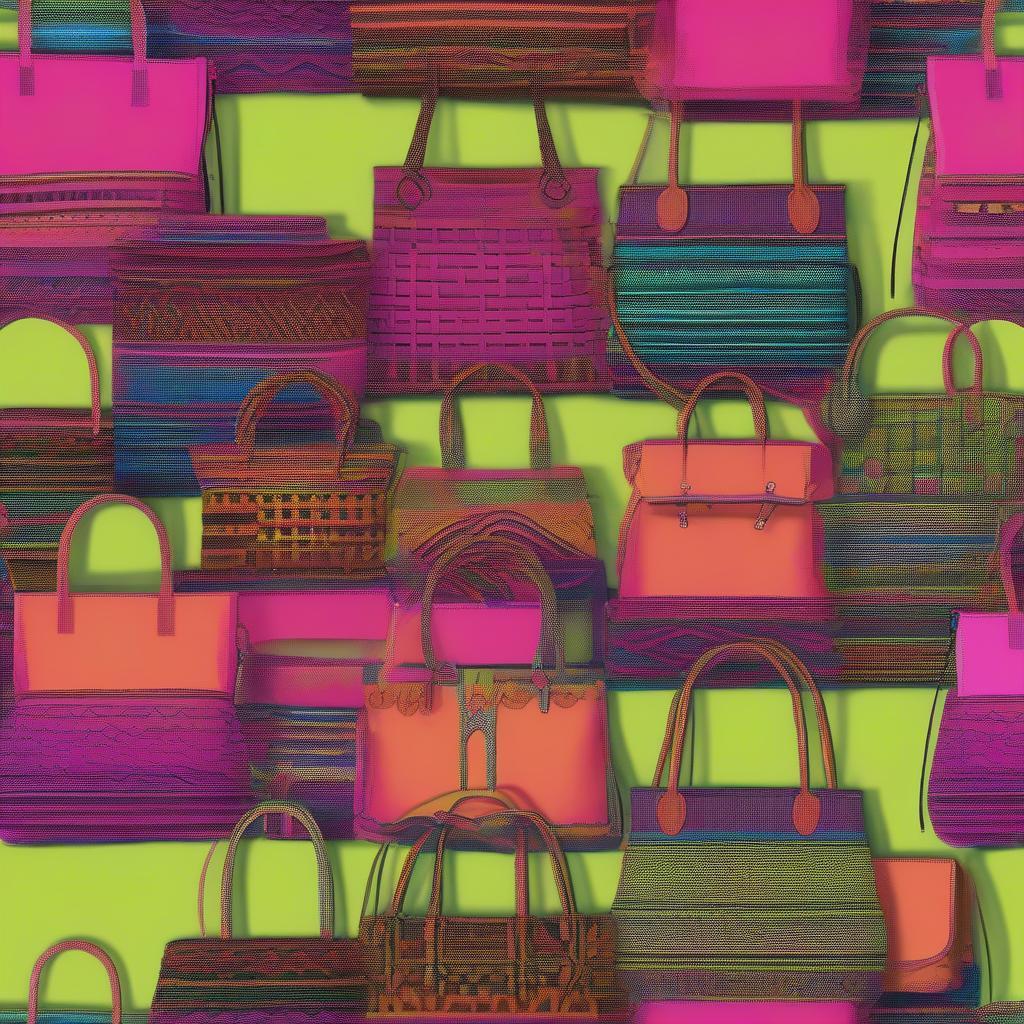 Various styles of neon woven bags, including tote, crossbody, and clutch.