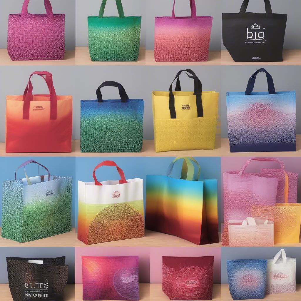 Various printed designs on non-woven bags, showcasing different colors, logos, and artwork.