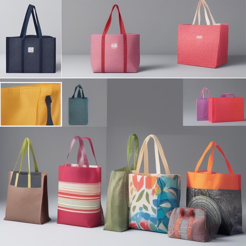 Various styles of non-woven bags including tote bags, drawstring bags, and shopping bags