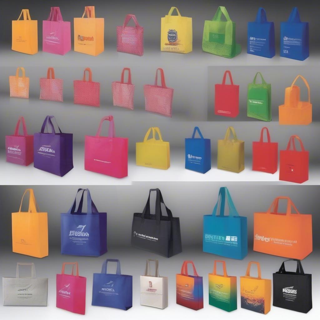 Various types of non-woven bags manufactured in Surat, including U-cut, W-cut, and D-cut bags with different handle styles and printing designs.