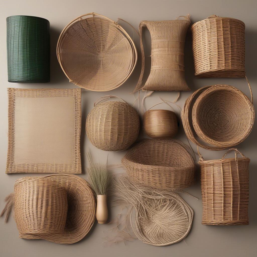 Variety of open weave hanging basket materials: rattan, wicker, and seagrass.