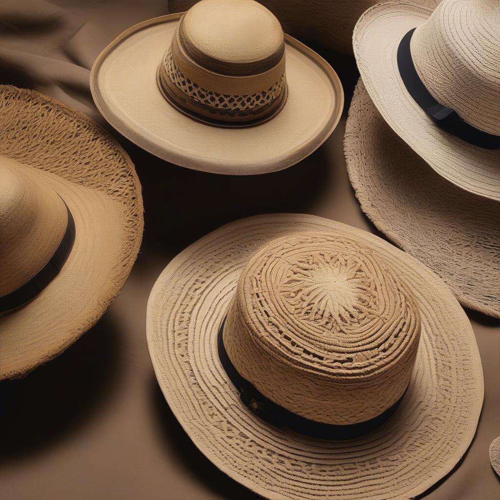 Close-up of different open weave patterns on various hats.