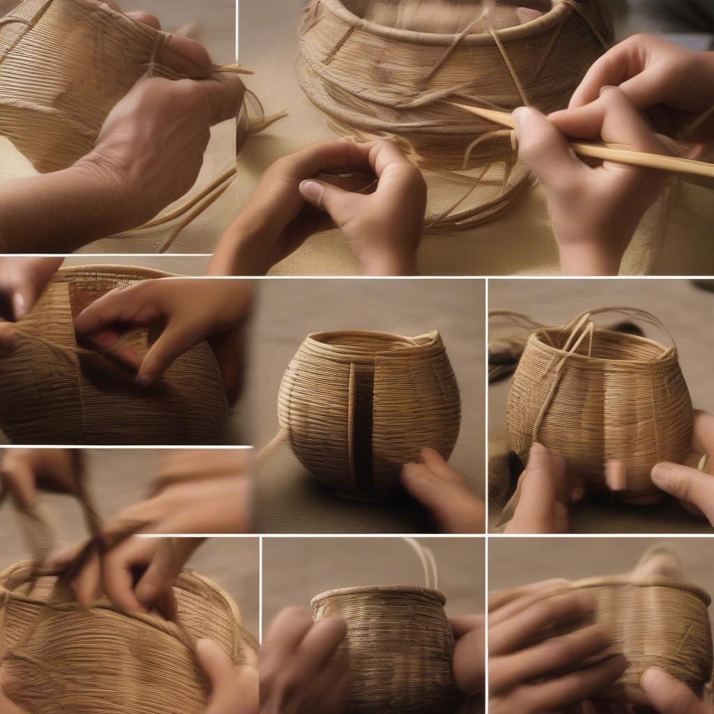 Different palm leaf basket weaving techniques, including coiling, plaiting, and twining.