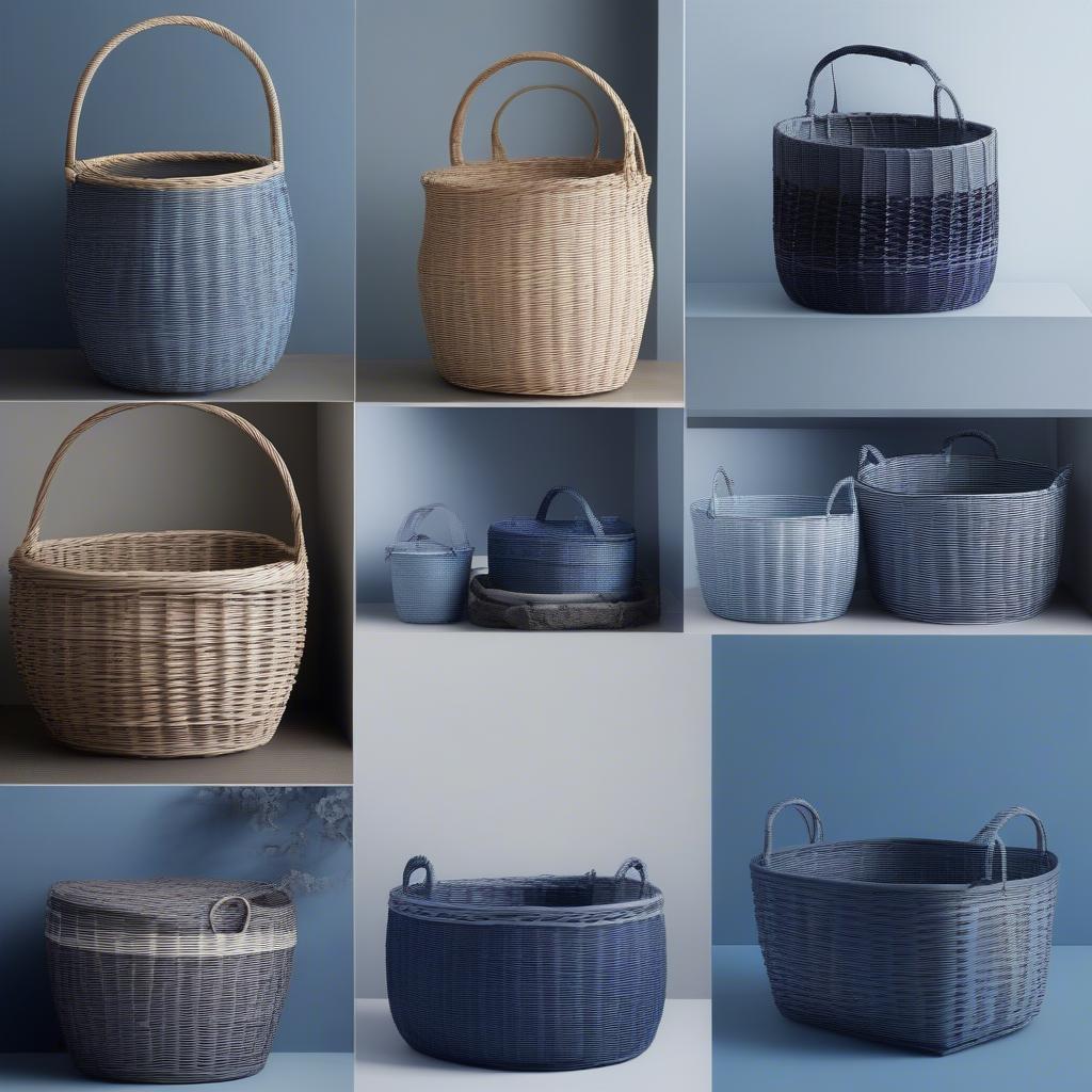 Different shades of blue in wicker baskets