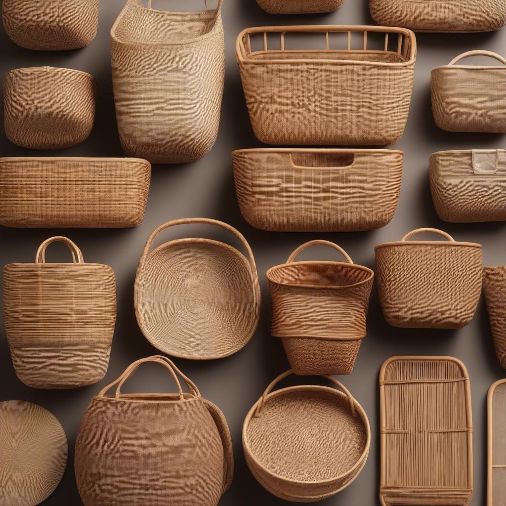 Different shapes and sizes of rattan baskets for various storage needs.