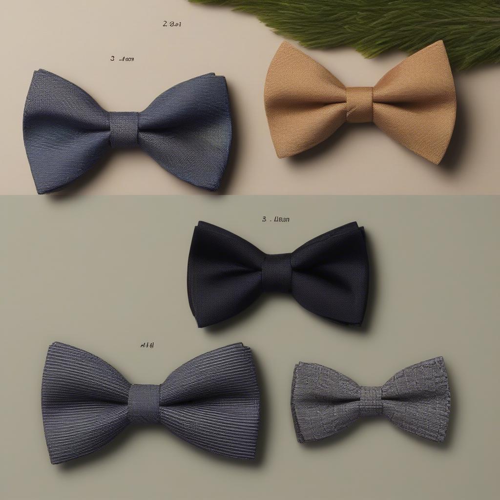 Various sizes of basket weave bow ties laid out for comparison, showcasing different proportions and suitable face shapes.