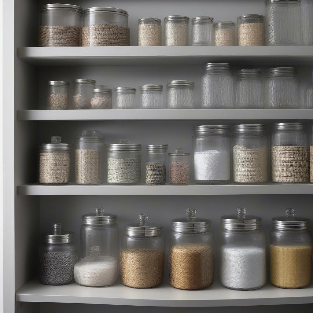 Different sizes of basket weave glass canisters arranged on a shelf.