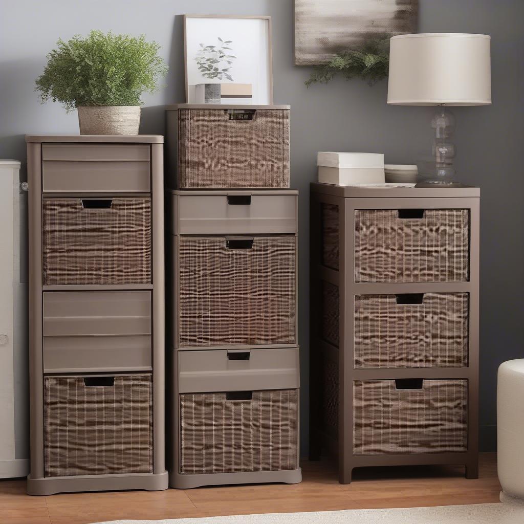 Various sizes of brown basket weave plastic drawers showcasing storage options.