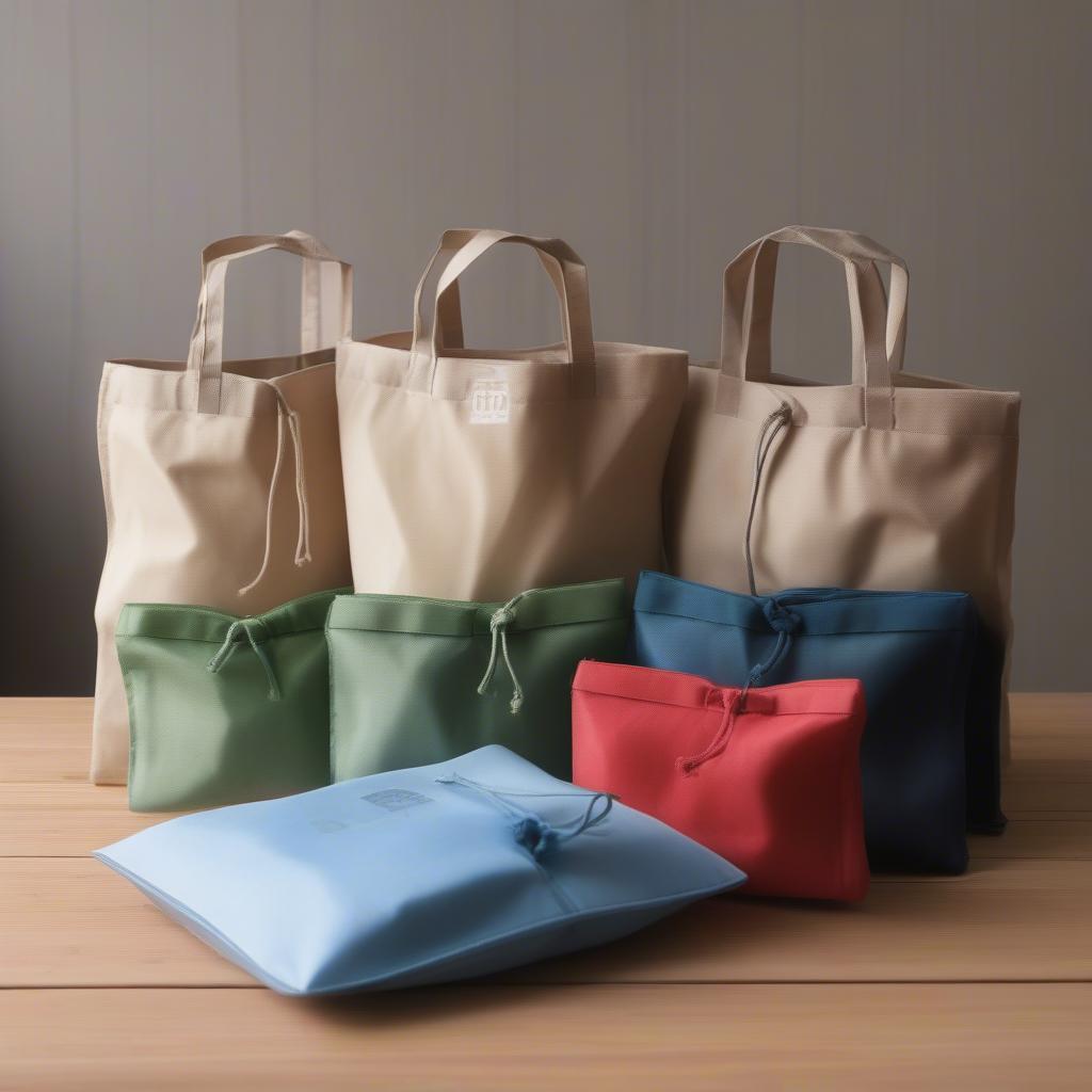 Various sizes of foldable non-woven eco bags displayed on a table