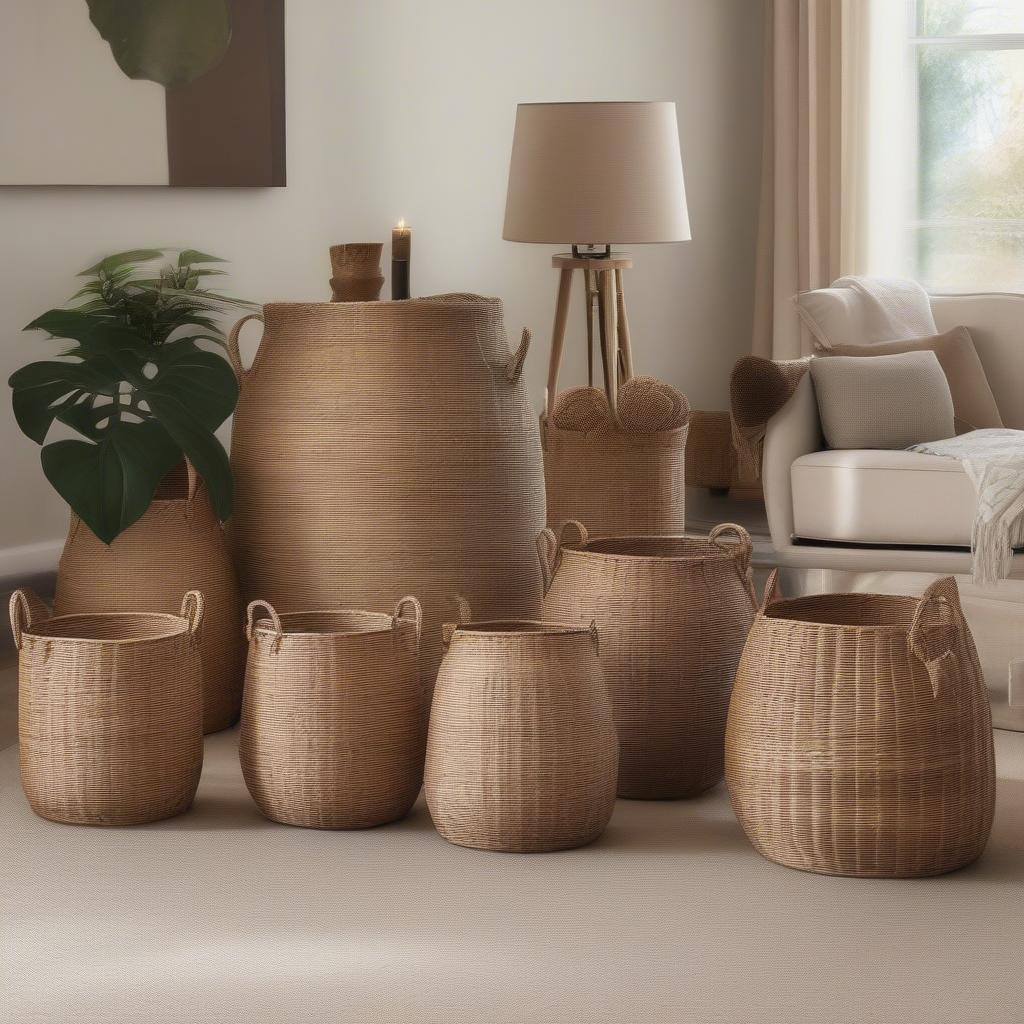 Various sizes of palm sweater weave log baskets arranged in a living room setting.