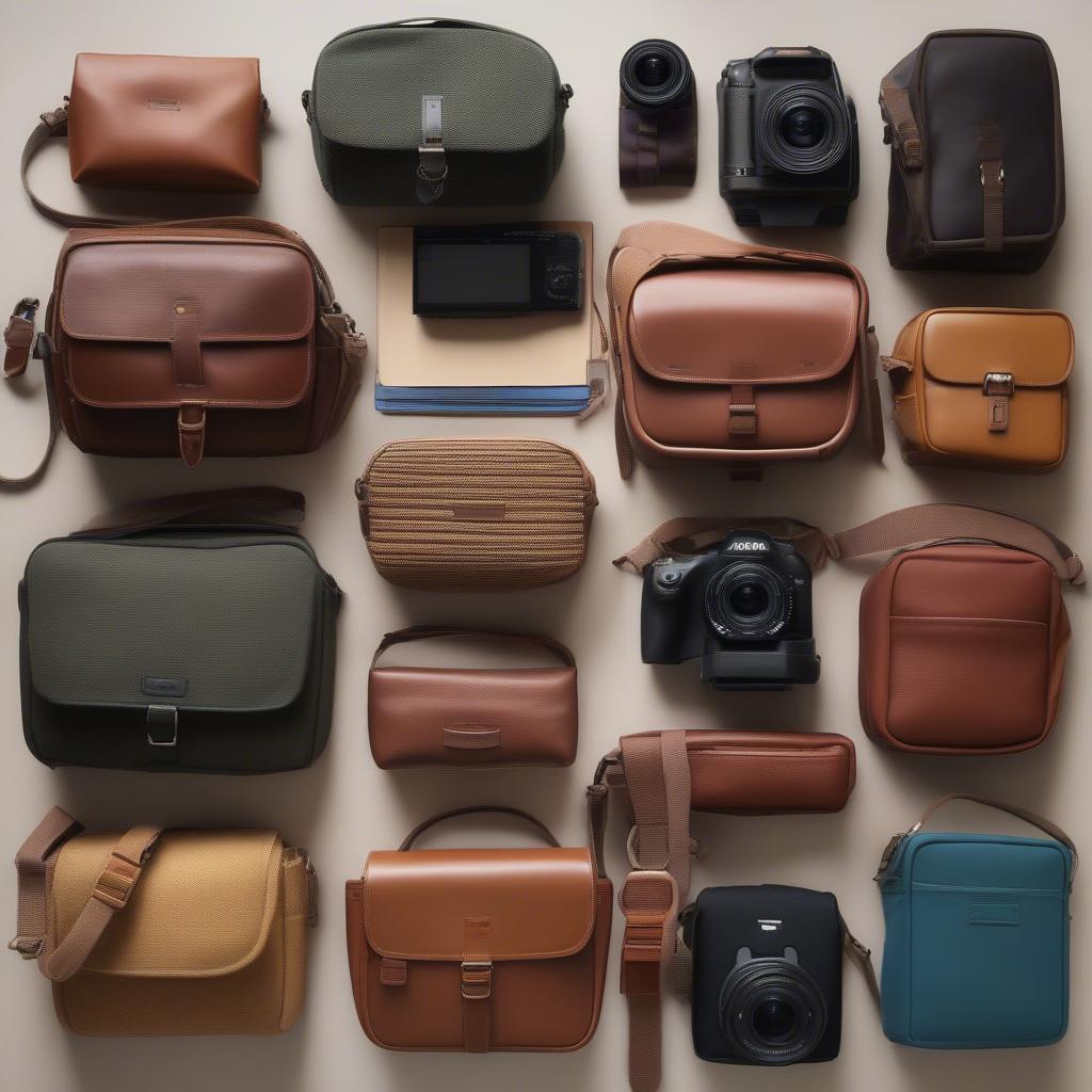 Various sizes of woven camera bags displayed on a table, showcasing different styles and capacities.