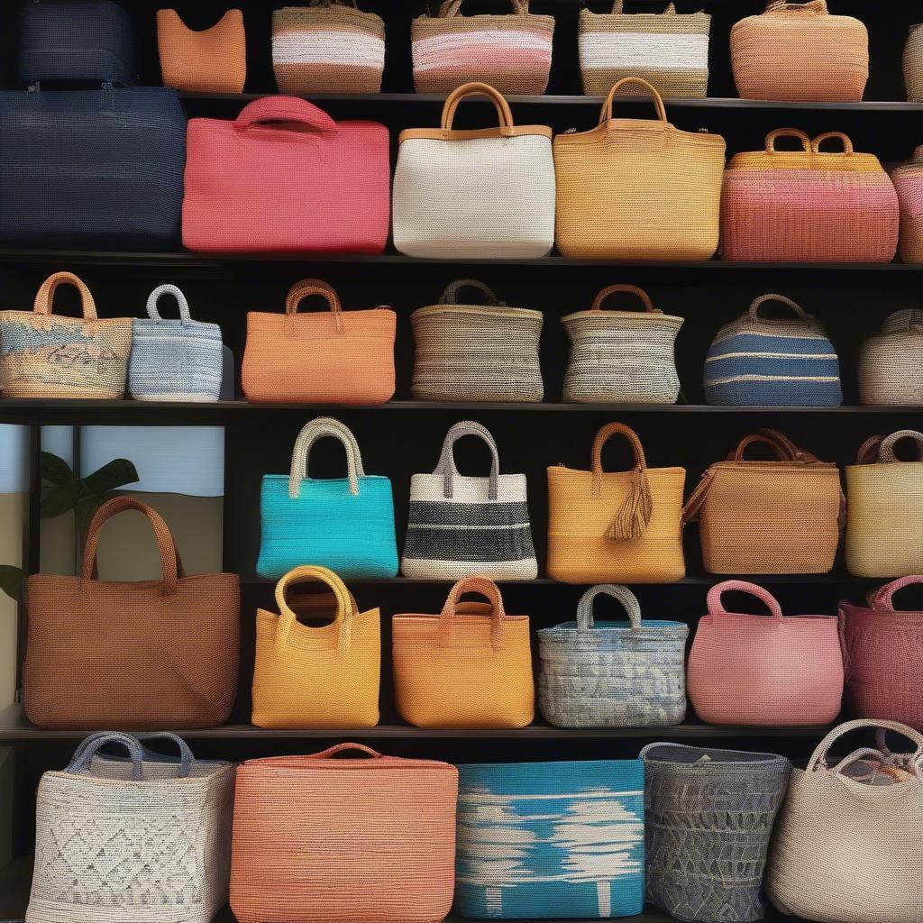 Variety of Bahamas woven bags in different styles, sizes, and colors.