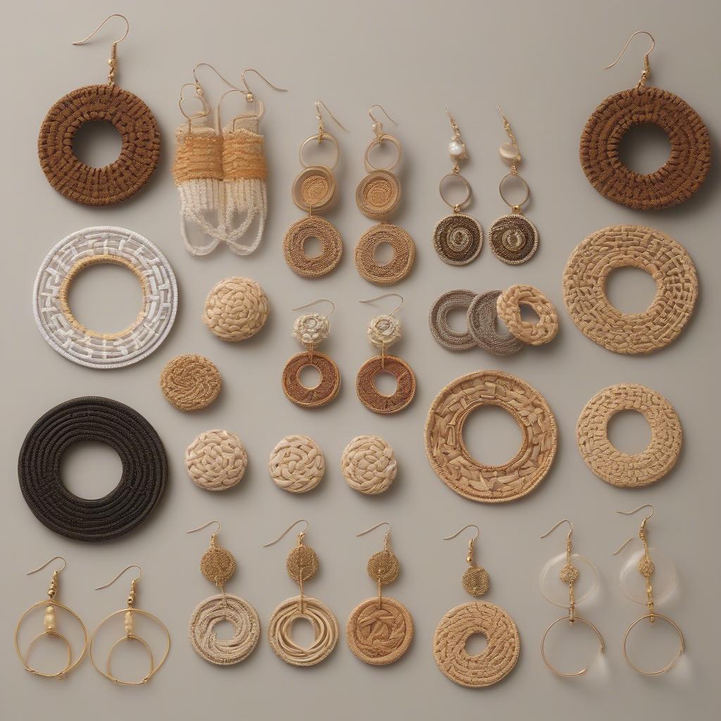 A variety of basket weave circle of life earrings in different styles, materials, and sizes.