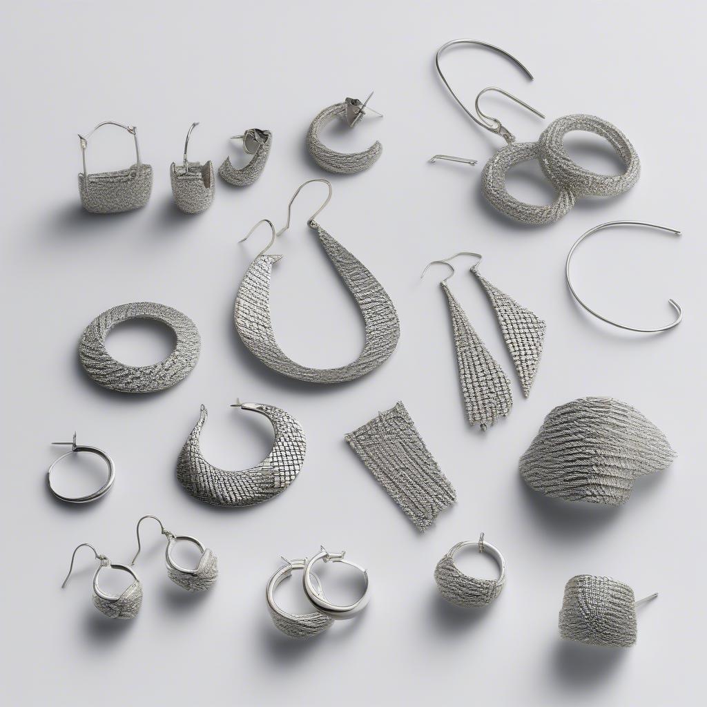 Various styles of basket weave earrings in white gold: hoops, studs, and dangles