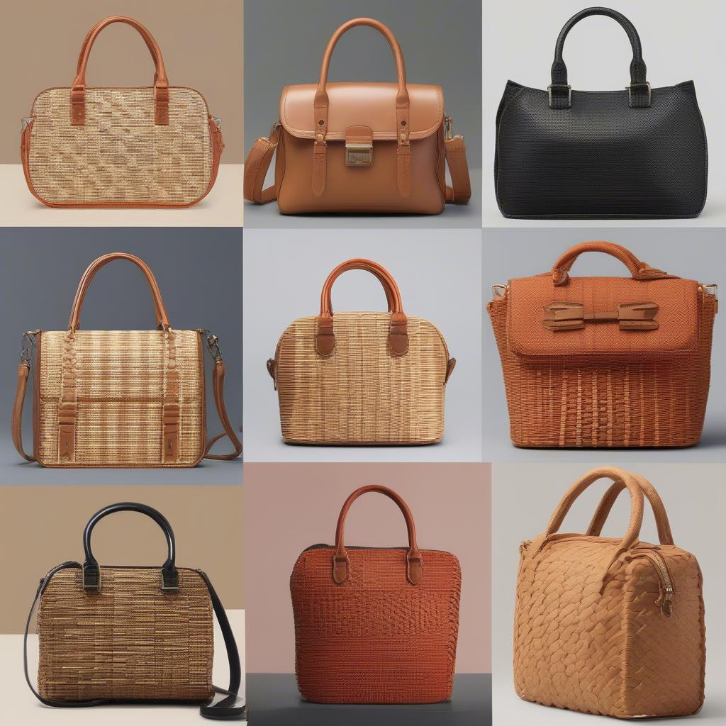 A variety of basket weave satchels in different shapes, sizes, and colors.