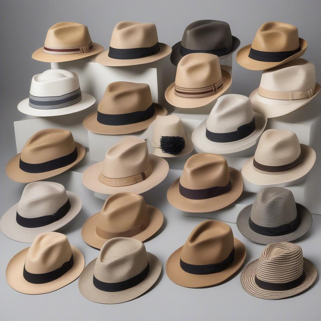 A variety of beige basket weave fedoras in different styles and brim widths.