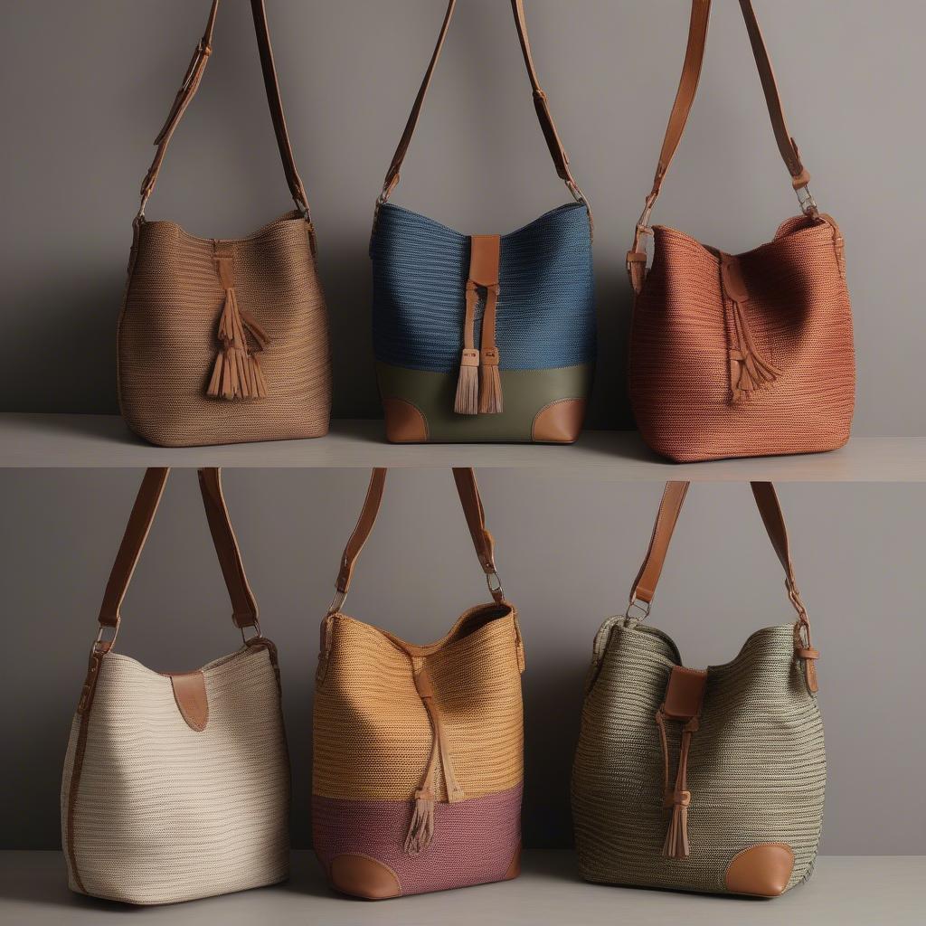 A variety of Berkeley woven bucket bags showcasing different sizes, colors, and strap options.