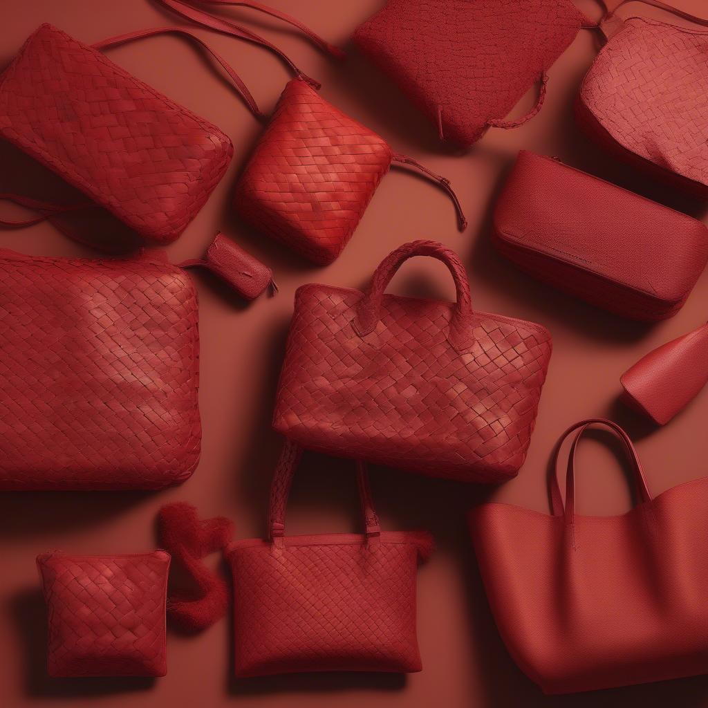 A variety of bottega red woven bags in different styles and sizes.