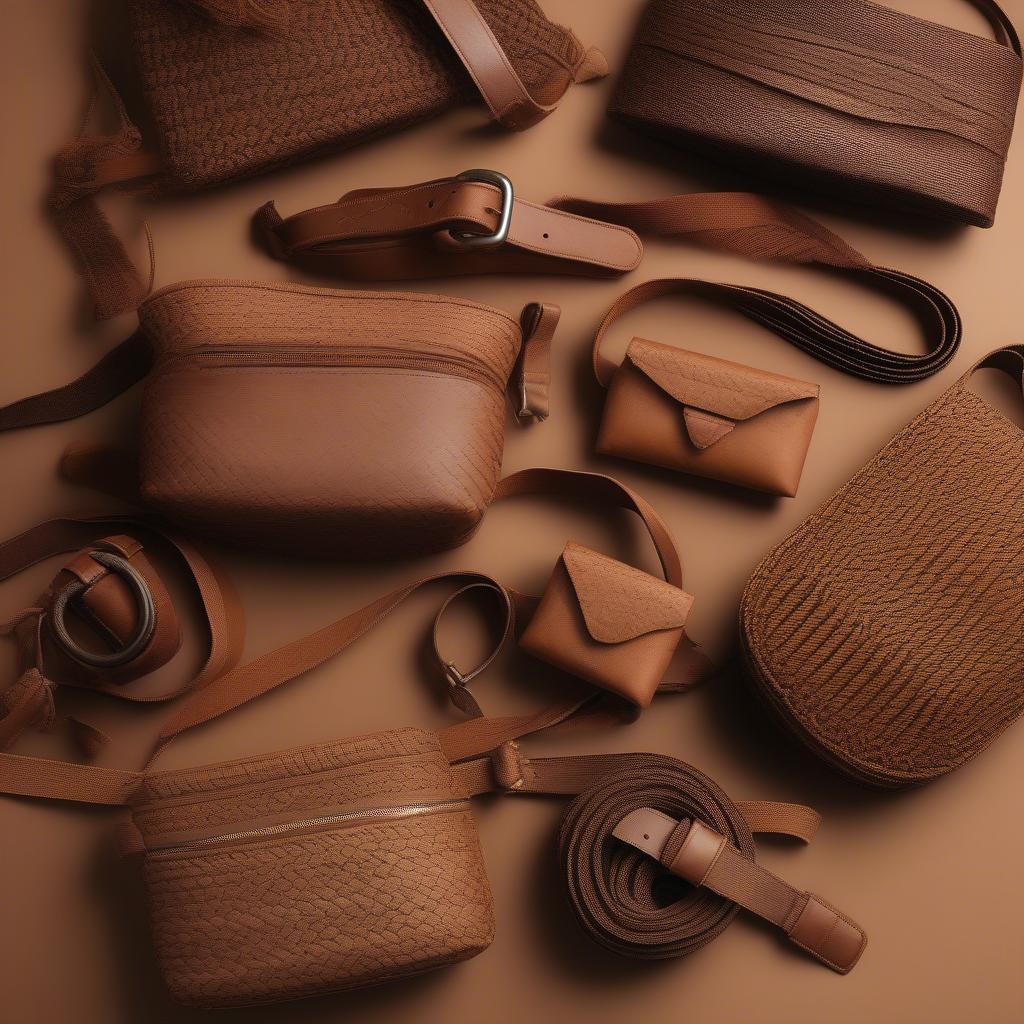 Variety of brown woven belt bag styles.