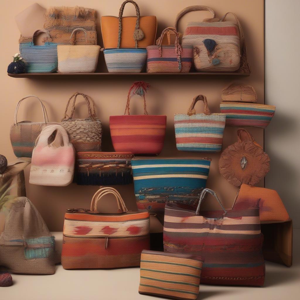 Various styles of en shalla woven bags displayed on a shelf.