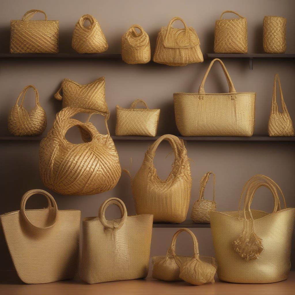 Variety of Gold Weave Knot Bags in different shapes, sizes, and materials.