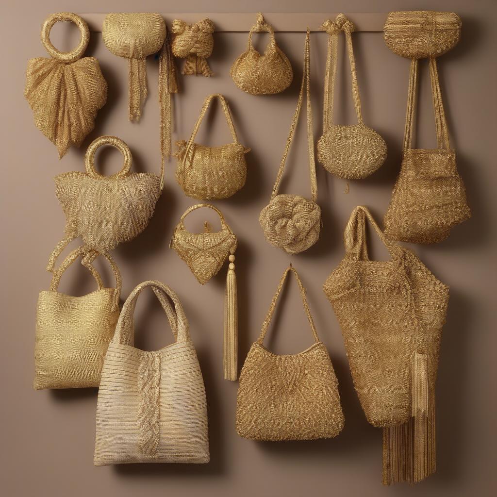 Variety of gold woven knot bags in different shapes, sizes, and knotting patterns.