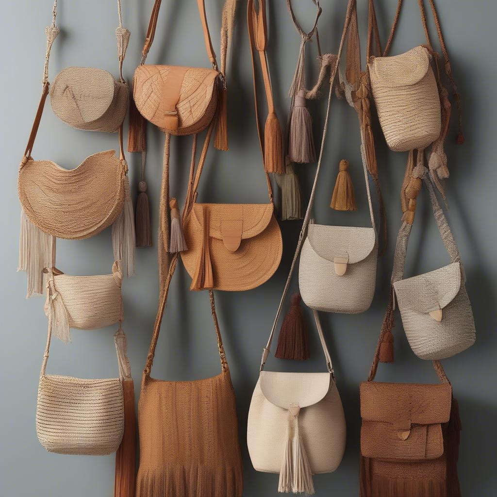 A collection of Havana woven crossbody bags in various styles, colors, and sizes, showcasing the diversity available.